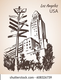 Los Angeles City Hall cityscape sketch. Isolated on white background