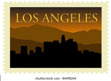 Los Angeles city high-rise buildings skyline on stamp.