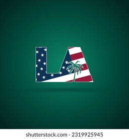 Los Angeles City letters with palm silhouette isolated on green background with USA flag