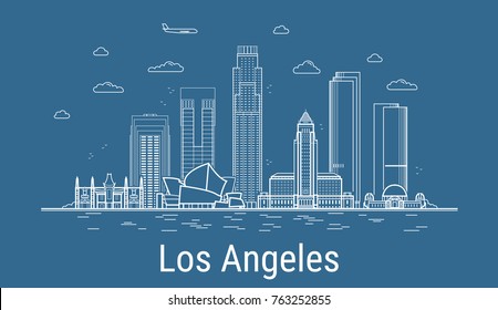 cidade de Los Angeles, Line Art Vector ilustração com todos os edifícios famosos. Banner linear com Showplace. Composição da paisagem urbana moderna. Conjunto de prédios de Los Angeles