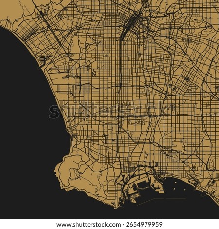 Los Angeles City Map Art Print Sleek Urban Grid Wall Decors in Refined Monochrome with Delicate Linework, Modern Blueprints in Gold on Black, Elevating Spaces with Neutral Cartographic Elegance.