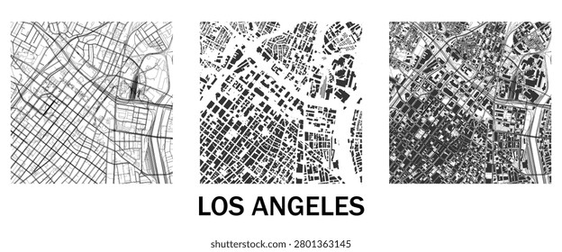  Los Angeles City Map Set, Black and White Urban Street Grid Collection, Downtown LA Cartography Vector Illustration