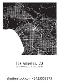 Los Angeles city map. Travel poster vector illustration with coordinates. Los Angeles, California, The United States of America Map in dark mode.