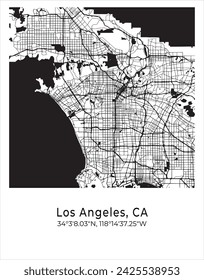 Los Angeles city map. Travel poster vector illustration with coordinates. Los Angeles, California, The United States of America Map in light mode.