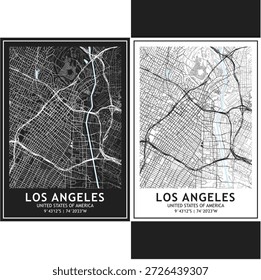 Conjunto de vetores do mapa da cidade de Los Angeles, pacote de roteiro urbano minimalista escuro e claro com grade de ruas escalável, rodovias e layout de planejamento