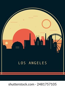 Los Angeles city retro style poster with skyline, cityscape. USA California state vintage vector illustration. US front cover, brochure, flyer, leaflet template, layout image