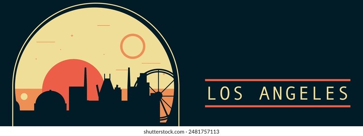 Anuncio de Vector de estilo retro de la ciudad de Los Ángeles con horizonte, paisaje urbano. Ilustración Horizontal vintage del estado de California. Diseño de viajes de los Estados Unidos de América para presentación de Web, encabezado, pie de página