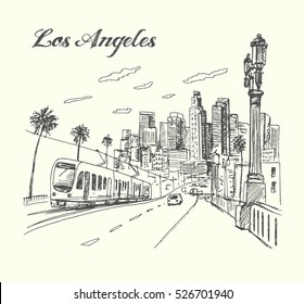 Los Angeles city scene,hand drawn,vector,illustration.