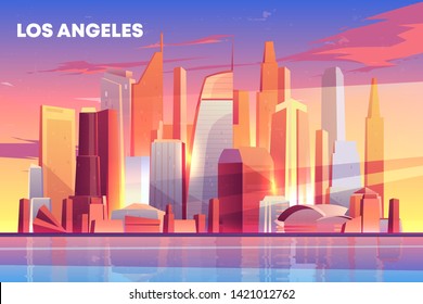 Los Angeles city skyline architecture near waterfront, modern megapolis with buildings skyscrapers reflecting in water surface under cloudy blue and pink sky with sun rays. Cartoon vector illustration