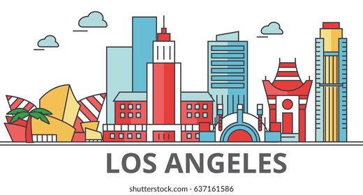 Los Angeles city skyline: buildings, streets, silhouette, architecture, landscape, panorama, landmarks. Editable strokes. Flat design line vector illustration concept. Isolated icons on background