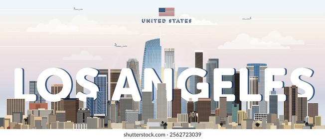 Los Angeles city skyline colorful vector illustration. Travel poster