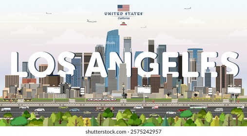 Los Angeles city skyline colorful vector illustration. Travel poster