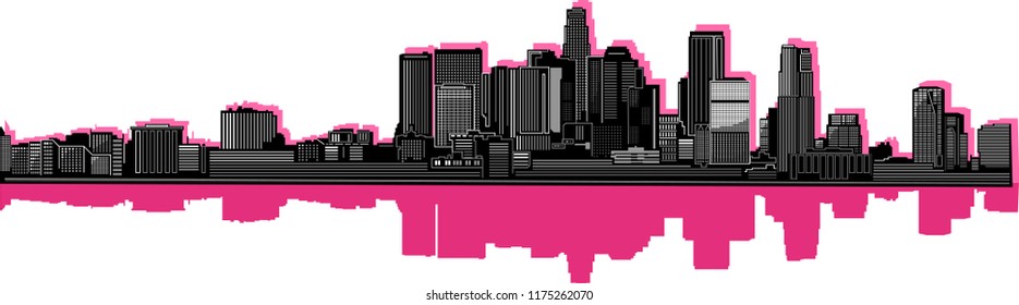 Los Angeles city skyline detailed vector illustration. Black silhouette with colour reflection