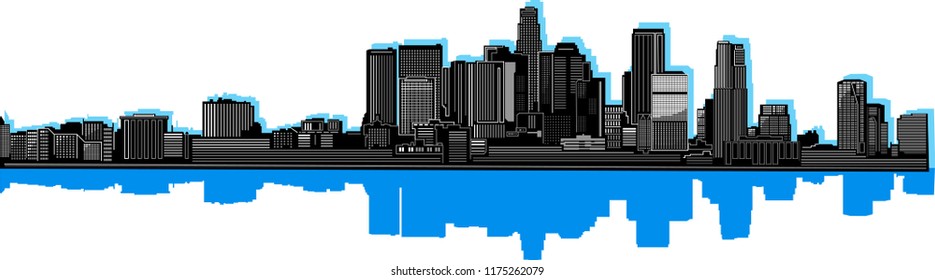 Los Angeles city skyline detailed vector illustration. Black silhouette with colour reflection