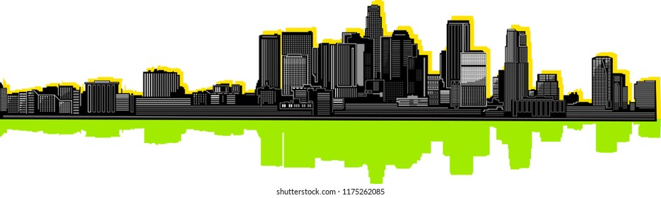 Los Angeles city skyline detailed vector illustration. Black silhouette with colour reflection