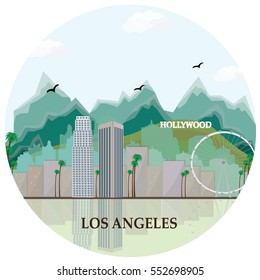 Los Angeles city skyline with main landmarks. Flat style vector illustration.