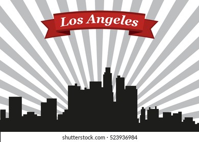 Los Angeles city skyline with rays background and ribbon