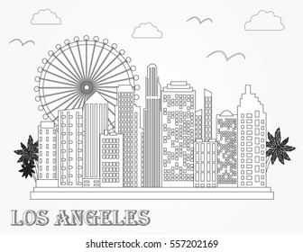 Los Angeles city skyline silhouette drawing in linear flat design.