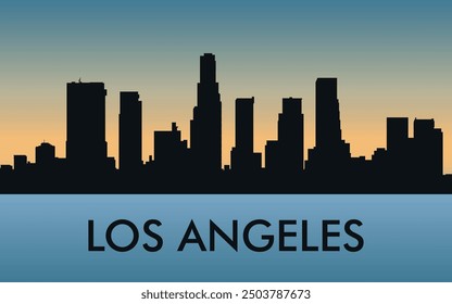 Los Ángeles. El horizonte de la ciudad. Siluetas de edificios. El atardecer del día. Vector sobre un fondo azul