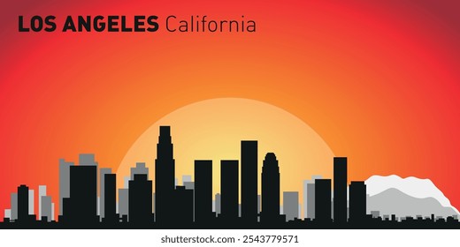 O horizonte da cidade de Los Angeles com silhuetas de edifícios contra o pano de fundo de um grande sol amarelo e céu laranja. Vetor no fundo do pôr do sol