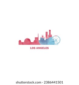 Los Angeles city US watercolor cityscape skyline panorama vector flat modern logo icon. USA, California state of America emblem with landmarks and building silhouettes. Isolated red and blue graphic