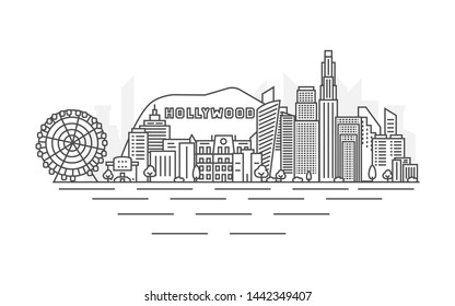 Los Angeles city, USA architecture line skyline illustration. LA background. Linear vector cityscape with famous landmarks, city sights, design icons. Landscape with editable strokes.