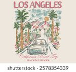 Los angeles city watercolor painting. Palm city, California car road trip painting. Summer vibes artwork. Sunshine artwork. Enjoy beach life.