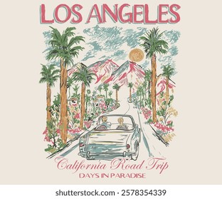 Los angeles city watercolor painting. Palm city, California car road trip painting. Summer vibes artwork. Sunshine artwork. Enjoy beach life.