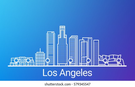 Los Angeles city white line on colorful background. All Los Angeles buildings - customizable objects with opacity mask, so you can simple change composition and background. Line art.