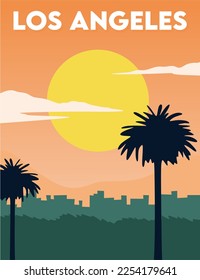 los angeles cityscape background with palm trees silhouette