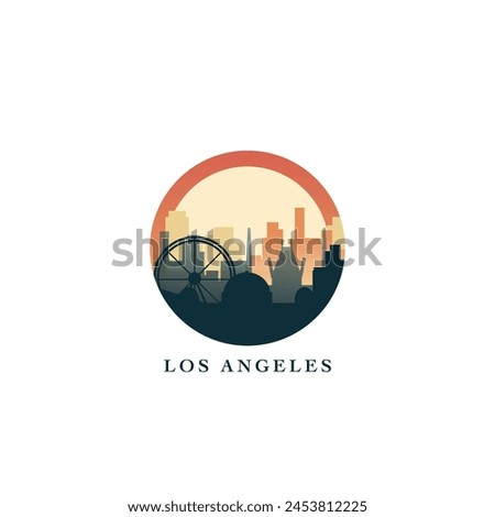 Los Angeles cityscape, vector gradient badge, flat skyline logo, icon. USA, California state city round emblem idea with landmarks and building silhouettes. Isolated abstract graphic