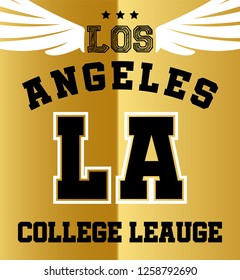 Los angeles college leauge. golden angel wing. california college. t-shirt design. vector.