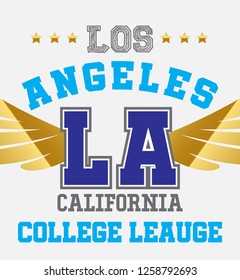 Los angeles college leauge. golden angel wing. california college. t-shirt design. vector.