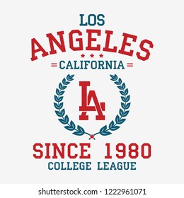 Los Angeles college typography for t-shirt. California slogan tee shirt, sport apparel print. LA vintage graphics. Vector illustration.