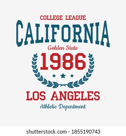 Los Angeles college typography for t-shirt. California slogan tee shirt, sport apparel print with vintage graphics. Vector illustration.