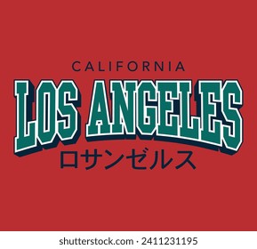 Los Angeles collegiate varsity slogan print with Japanese translation "Los Angeles"