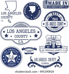 Los Angeles County, California. Set Of Generic Stamps And Signs Including Los Angeles County Map And Seal Elements.