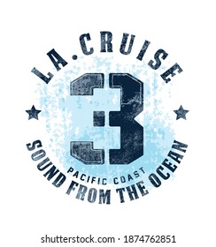 Los angeles. cruise .with watercolor effect.college style graphic design with numbers.