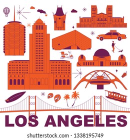 Los Angeles culture travel set, famous architectures and specialties in flat design. Business travel and tourism concept clipart. Image for presentation, banner, website, advert, flyer, roadmap, icons