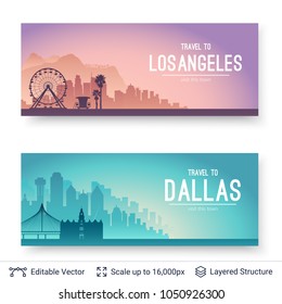 Los Angeles and Dallas famous city scapes. Flat well known silhouettes. Vector illustration easy to edit for flyers or web banners.