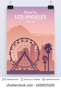 Los Angeles famous city scape. Flat well known silhouettes. Vector illustration easy to edit for flyers, posters or book covers.