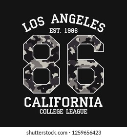 Los Angeles graphic design for t-shirt with camouflage texture. California tee shirt print with slogan. LA apparel typography with number in military and army style. Vector illustration.