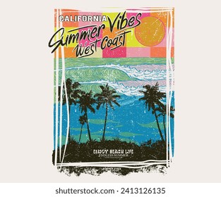 Impresión gráfica de Los Ángeles. Verano de buenas vibraciones de arte para ropa. vector de ilustración de la playa a lo largo de la palma. Impresión floral de verano. Los ángeles. Gran ola.