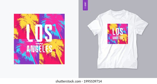 Los Angeles graphic t-shirt design with palm tress, summer retro print, colorful vector illustration.