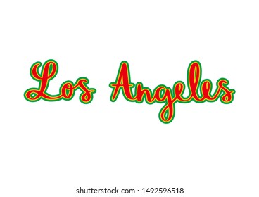 Los Angeles hand lettering with colorful patterns on white background.