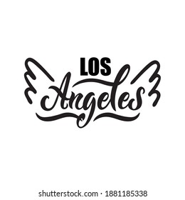 Los Angeles handwritten text and angel's wings isolated on white background, moderm brush ink calligraphy, hand lettering. Vector illustration  for emblem, logo, invitation, card, poster, gifts, print