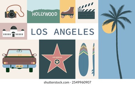 Conjunto de ícones de Los Angeles. Palm tree, prancha de surfe, carro e câmera, patins e bandeira americana. Marco internacional. Viagens e turismo. Férias e férias. Ilustração de vetor plano