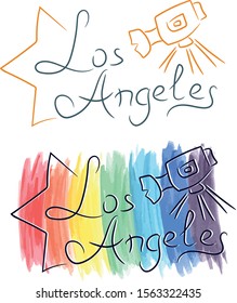 Los Angeles LA camera star sketch with watercolor grunge vector illustration