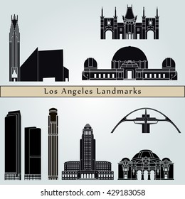 Los Angeles  landmarks and monuments isolated on blue background in editable vector file