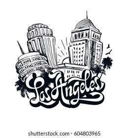 Los Angeles lettering, modern text and skyline city. Vector Los Angeles print, hand drawn font for design cards. Vector Illustration.